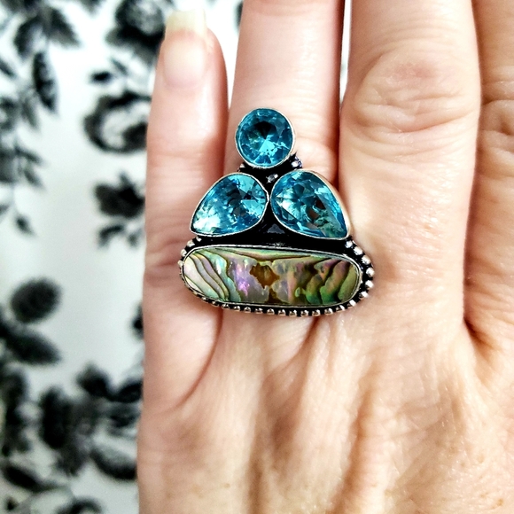New Abalone Shell & Blue Topaz 925 Silver Ring. - Picture 4 of 7